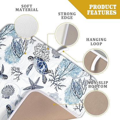 Giwawa 16"x18" Coastal Sea Turtles Dish Drying Mat Nautical Ocean Tortoise Coral Starfish Dish Drainer Mats for Kitchen Microfiber Reversible Dish Drying Rack Pad for Countertop Tabletop Decor