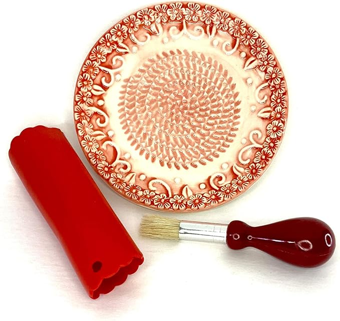 BonCera, All-in-one Premium Ceramic Garlic Grater Plate 4-Piece Set - Red Embossed Design and Style - For Garlic, Ginger, Chocolate, and more! - Comes with 5.25" Plate, Peeler, Brush, and Stand