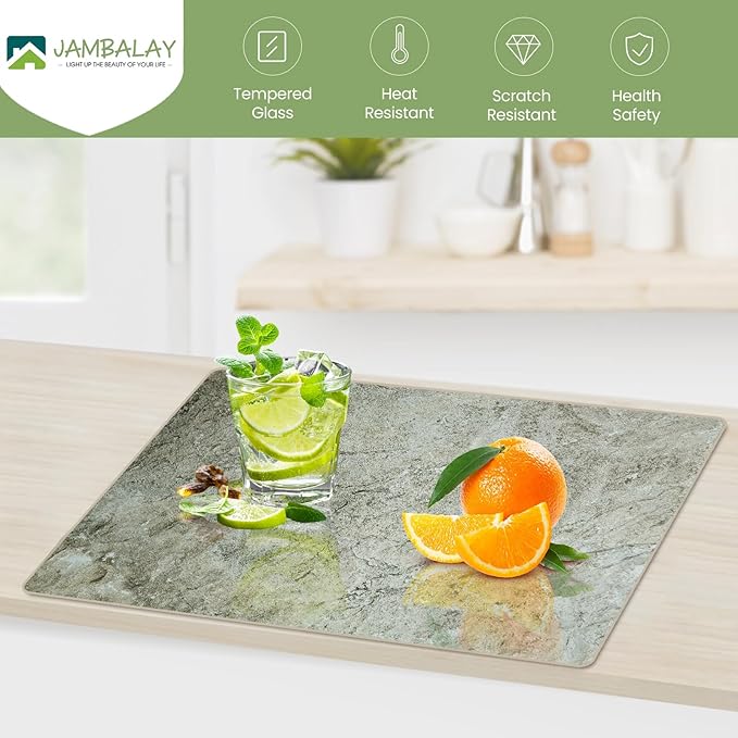 JAMBALAY Tempered Glass Cutting Board for Kitchen, 16"x12" Glass Cutting Board with Design, Chopping Board with Rubber Non Slip Feet, Heat, Shatter Resistant, Dishwasher Safe, Brown