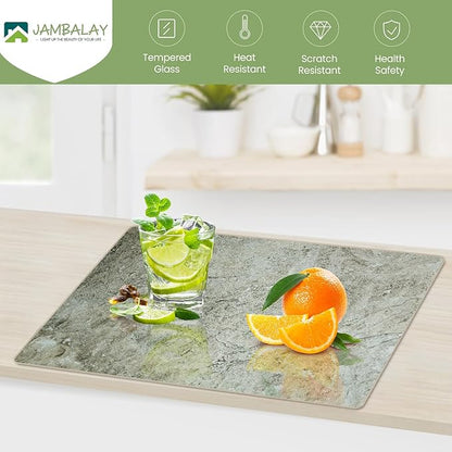 JAMBALAY Tempered Glass Cutting Board for Kitchen, 16"x12" Glass Cutting Board with Design, Chopping Board with Rubber Non Slip Feet, Heat, Shatter Resistant, Dishwasher Safe, Brown