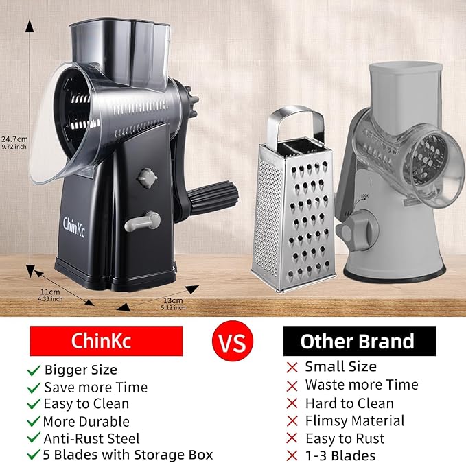 Upgrade Rotary Cheese Grater Shredder with Handle, Strong Suction Base, Multi-purpose Rotary Grater Slicer with 5 Interchangeable Blades for Ice, Vegetables, Fruit, Nuts with Blade Storage Box - Image 2