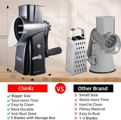 Upgrade Rotary Cheese Grater Shredder with Handle, Strong Suction Base, Multi-purpose Rotary Grater Slicer with 5 Interchangeable Blades for Ice, Vegetables, Fruit, Nuts with Blade Storage Box - Image 2