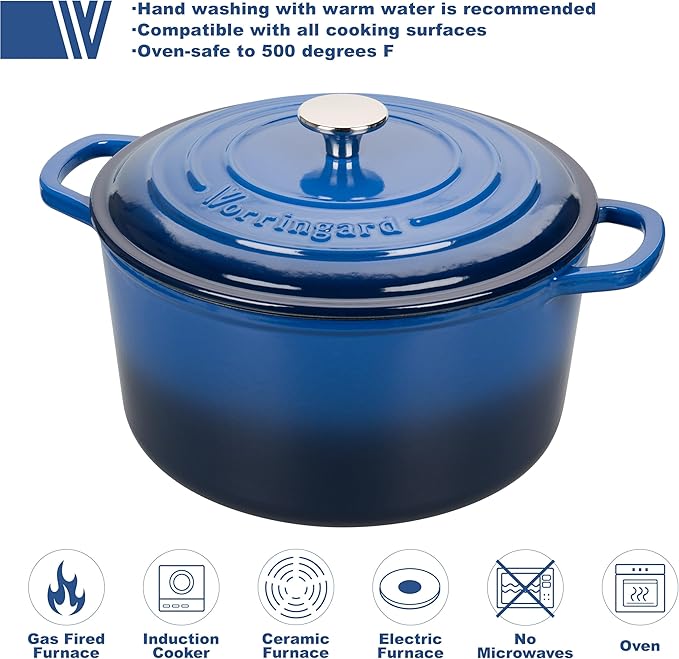 VORRINGARD Enameled Cast Iron Dutch Oven Pot with Lid, for Sourdough Bread Baking, Round Dutch Ovens, 6 Quart, Blue - Image 3