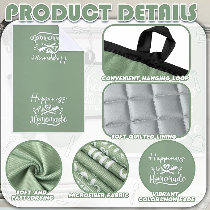Sratte 6 Pcs Kitchen Decor Accessories Set Farmhouse Towels Pot Holders Oven Mitts Set 2 Dish Towels 2 Potholders 2 Cooking Mittens Oven Glove for Christmas Baking Cooking Supply(Sage Green,Kitchen) - Image 6