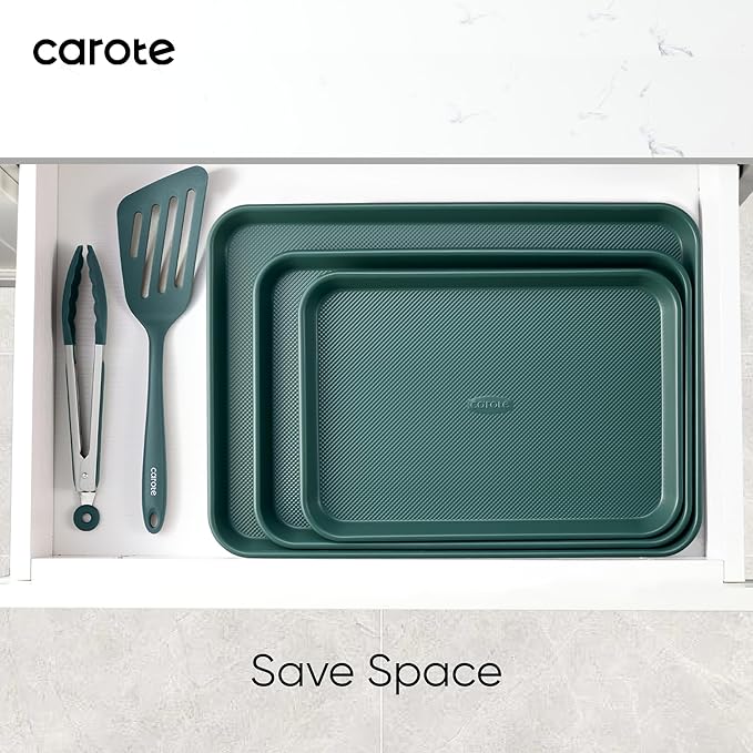 CAROTE 3-Piece Baking Pan Set - Bakeware Set, Baking Sheet Set Including 13 Inch 15 Inch 17 Inch Sheet Pan, Cookie Sheet for Baking, Deep Olive Green - Image 5