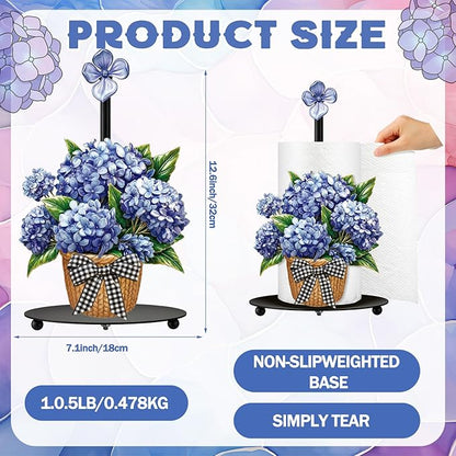 Thyle Blue Hydrangea Paper Towel Holder Summer Hydrangea Kitchen Decor Metal Flowers Paper Towel Holder Stand with Round Base for Summer Kitchen Bathroom Countertop Toilet Accessories