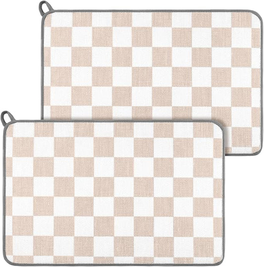 Zonon Dish Drying Mat for Kitchen Counter 16 x 24 Microfiber Absorbent Dish Drainer Rack Pads Fast Dry Mat Vintage Kitchen Decorations(Beige,16" X 24",Checkered) by Zonon