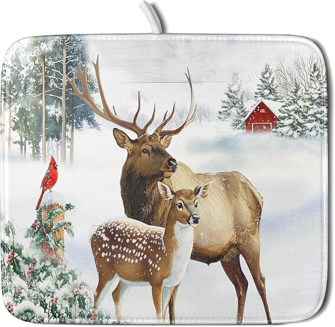 Giwawa Winter Deer Dish Drying Mat 16"x18" Xmas Tree Bird Holly Berry Dish Drainer Mats Elk Moose Snow Cottage Farmhouse Reversible Small Dish Drying Pad Protector for Kitchen Countertop Decor