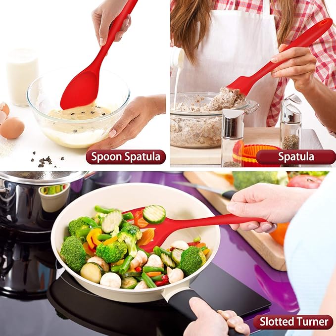 P&P CHEF Silicone Cooking Utensils Set of 7, Heat-proof Kitchen Utensils Set for Nonstick Cookware, Non-stick Spatula, Slotted Turner, Soup Ladle, Pasta Server, Spoon for Cooking Serving - Red - Image 5