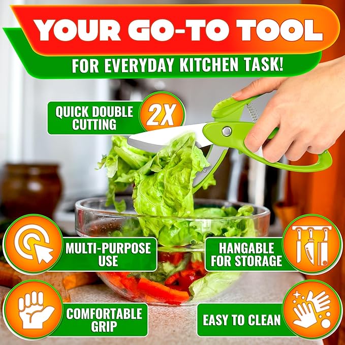 Salad Scissors for Chopped Salad – Multiblade Food Scissor Chopper With Spring-Loaded System & Anti-Slash Head for Fast Double Cutting – 8.9" Handy Size Lettuce Chopper, Stainless Steel Blades - Image 4