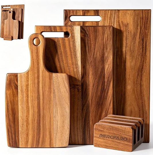 Acacia Wood Cutting Board Set of 3 with Stand – Kitchen & Charcuterie Serving Boards, Multi-Size Wooden Chopping Boards for Meat, Veggies & Fruit, Easy Clean & Space-Saving Display