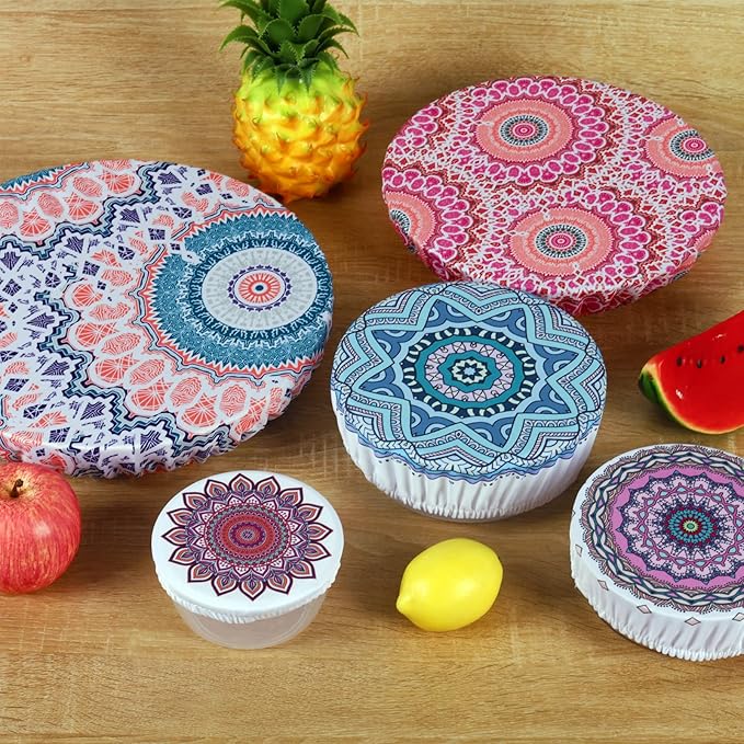 10Pcs Reusable Bowl Covers in 5 Sizes - Elastic Fabric Food Storage Lids for Bread Proofing, Dough, Sourdough & Leftovers - Eco-Friendly Stretch Covers for Kitchen, Baking, Picnic(pink, blue)