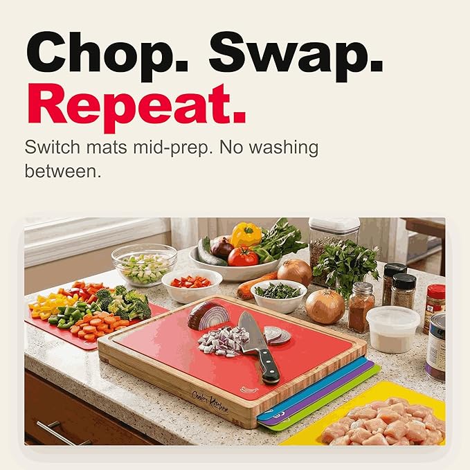 Bamboo Cutting Board Set with 6 Color Coded Mats with Food Icons, BPA-Free Non Slip Easy Clean Chopping Boards for Kitchen with Holder, Dishwasher Safe for Meal Prep & Serving, Large | Cooler Kitchen - Image 4