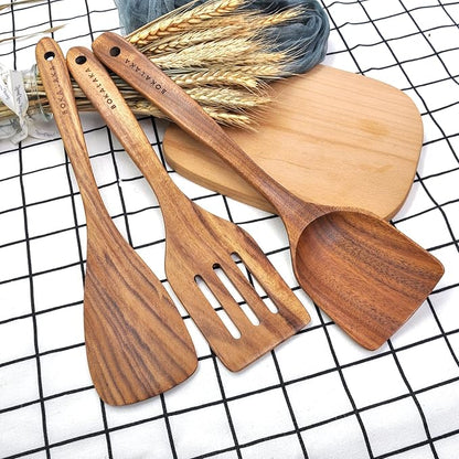 11 Pcs Wooden Kitchen Utensils Set - Wooden Spoons, Spatulas and More for Cooking - Image 5