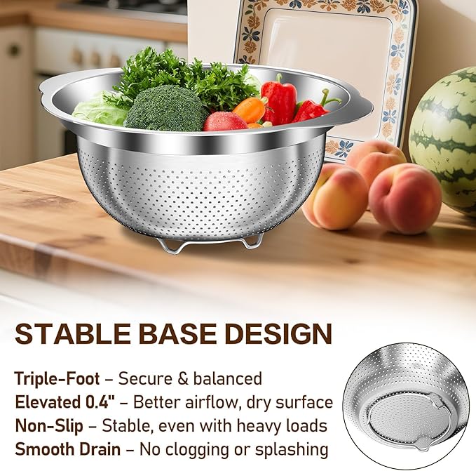 Stainless Steel Colander for Kitchen, Stainless Steel Strainer, Pasta Strainer for Spaghetti Fruit Cooking Food, 3 Pcs Strainers and Colanders(2QT, 3QT, 5QT), Dishwasher Safe, Kitchen Present - Image 4