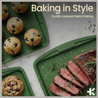 BAKKEN Kitchen Baking Pan Set - Nonstick Green Marble Coating, Commercial Grade Carbon Steel Bakeware Sets, Baking Kitchen Essentials, PFOA, PFOS, PTFE Free, Oven Safe Tray (Up To 450° F), Set of 3 - Image 8
