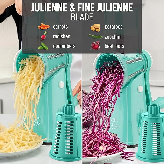 Zulay Kitchen Rotary Cheese Grater 5 Blade Cheese Shredder - Manual Hand Crank Cheese Grater With Reinforced Suction & 5 Interchangeable Drums - Easy to Use, Vegetable Chopper Round Mandoline Slicer - Image 6