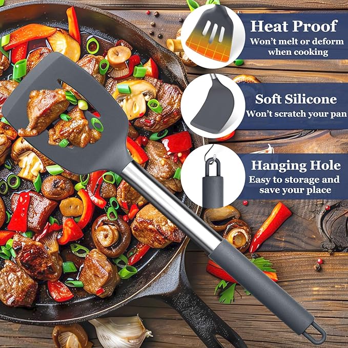 TeamFar Kitchen Utensils, 8PCS Silicone Utensils Kitchen Tools Set with Stainless Steel Handle, for Nonstick Cookware Frying Flipping Draining, Healthy & Anti-heat, Nonstick & Dishwasher Safe - Gray - Image 3