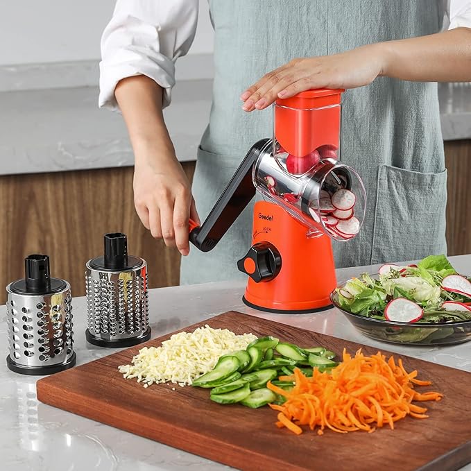 Geedel Rotary Cheese Grater, Kitchen Mandoline Vegetable Slicer with 3 Interchangeable Blades, Easy to Clean Rotary Grater Slicer for Fruit, Vegetables, Nuts - Image 8