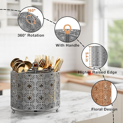 YIUKEA Rotating Utensil Caddy Countertop - Higher Raised Cutlery Caddy Holder - Metal Silverware Caddy Organizer with 4 Compartment for Kitchen Counter Party Office Silver - Image 4
