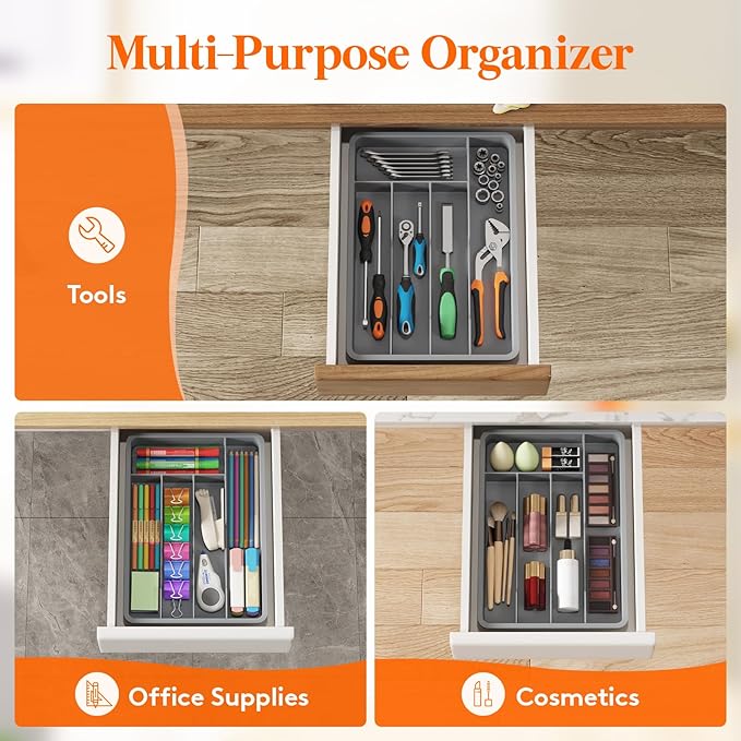Lifewit Silverware Drawer Organizer Tray, Plastic Cutlery Storage for Kitchen, Flatware and Utensil Holder Divider for Spoons Forks Knives Tableware, 9.5 x 13.4", 5 Slots, Gray - Image 8