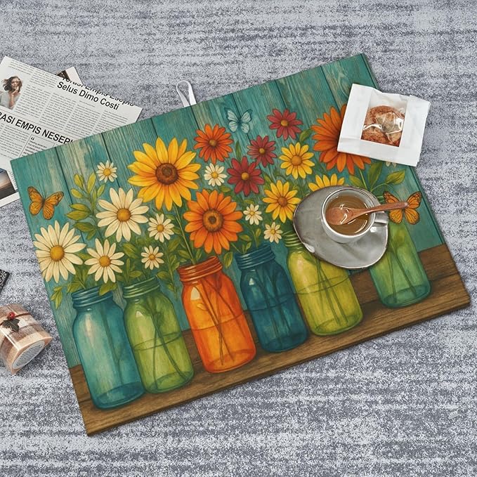 Rustic Vintage Flower Dish Drying Mats for Kitchen Counter, Large 18"x24" Dish Mats for Drying Dishes, Microfiber Absorbent Dish Drying Pad Rack Mat Kitchen Decor Reusable Washable
