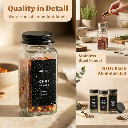 EDELHAUS Glass Spice Jars with Label and Black Aluminium Lids (24 x 4oz) Spice Containers with 240 Labels, Shaker Inserts, Steel Funnel, Empty Square Seasoning Organizer (Black Aluminium Lid) - Image 8