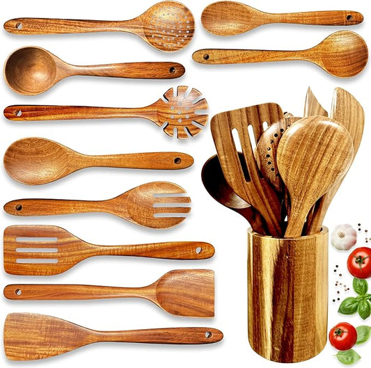 Home Hero Wooden Utensil Set 11 Pcs – Natural Teak Wooden Kitchen Utensils Set with Sturdy, Easy-to-Clean Wooden Spoons for Cooking – Non-Scratch Teak Cooking Utensils (11 pcs) by HomeHero