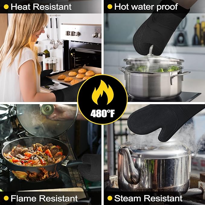 8PCS Oven Mitts and Pot Holders Sets - 480°F Heat Resistant Pot Holders and Oven Mitts, 14.5" Extra Long Silicone Oven Mitts for Cooking, Non-Slip Oven Mitt with Soft Cotton Lining, Black - Image 4