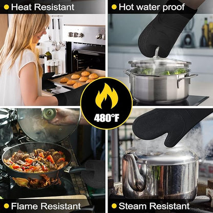 8PCS Oven Mitts and Pot Holders Sets - 480°F Heat Resistant Pot Holders and Oven Mitts, 14.5" Extra Long Silicone Oven Mitts for Cooking, Non-Slip Oven Mitt with Soft Cotton Lining, Black - Image 4