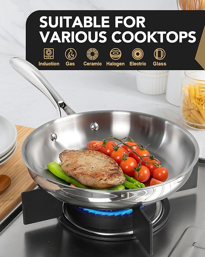 MICHELANGELO Stainless Steel Frying Pan Set with Lid, 8" 10" Cooking Pan set with Triply Base, Stainless Steel Skillet with Ergonomic Handle, Induction Compatible