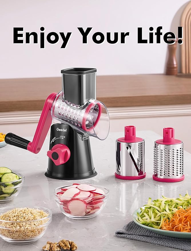 Geedel Rotary Cheese Grater, Kitchen Mandoline Vegetable Slicer with 3 Interchangeable Blades, Easy to Clean Rotary Grater Slicer for Fruit, Vegetables, Nuts - Image 9