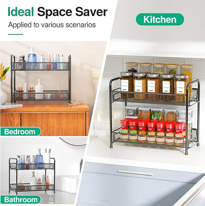Spice Rack Organizer for Countertop 2 Pack, 2-Tier Counter Foldable Metal Standing Large Seasoning Storage Shelf for Kitchen Cabinet Bathroom Living Room Pantry Office, Black - Image 7