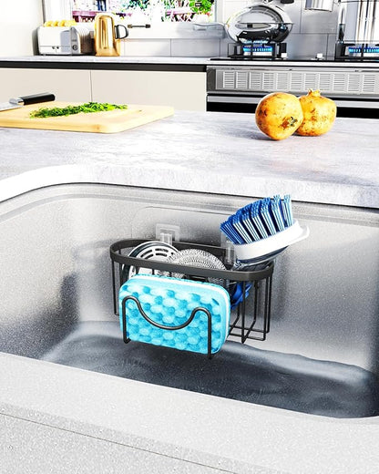 HapiRm Multifunctional Sponge Holder with Unique M-Shaped, 2 Installation Methods Kitchen Sink Caddy Organizer, Rustproof Stainless Steel Kitchen Organizers and Storage Essentials - Black - Image 7