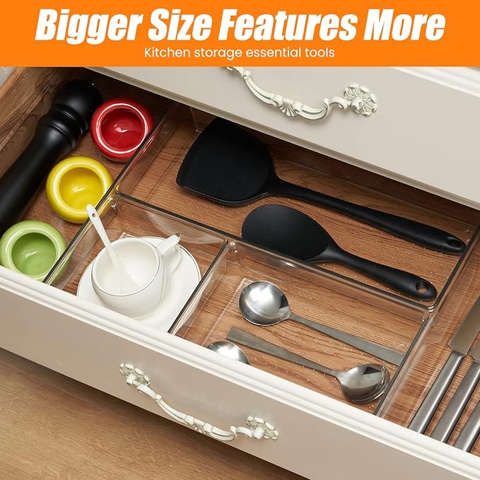 12 Pack Clear Plastic Drawer Organizer Set, Acrylic Non Slip Non Cracking Kitchen Drawer Storage Tray Large Size Divider, Multifunctional Storage for Cosmetics, Bathroom, Tools, Kitchen and Office - Image 6