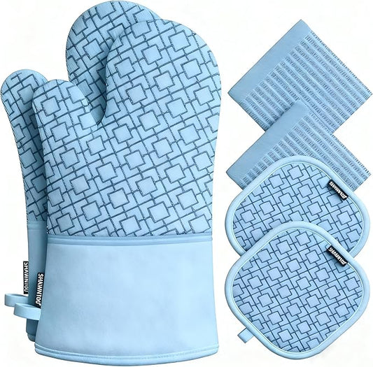 Oven Mitts and Pot Holders Sets 6pcs, Kitchen Oven Glove,High Heat Resistant 550 Degree Extra Long Oven Mitts and Potholders with Non-Slip Silicone Surface for Home Essentials (Grey) (Fog Blue) by OvenMitts