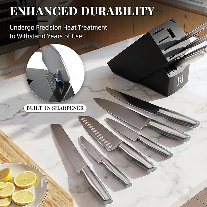 KnifeSaga Knife Set Premium, Kitchen Knife Block Set 14 Pcs Japanese High Carbon Stainless Steel Enduring Razor Sharp, Black Chef Knives Set for Kitchen with Built-in Sharpener and Acacia Wood Block - Image 4