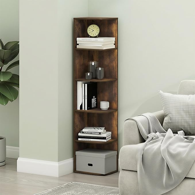 Furinno PASIR Book Shelf, 5-Tier Corner Bookshelf with Open Shelf, Standing Bookcase, 9.3 x 12 x 51.7, for Organization and Storage, for Living Room, Bedroom, Home Office, Amber Pine - Image 4
