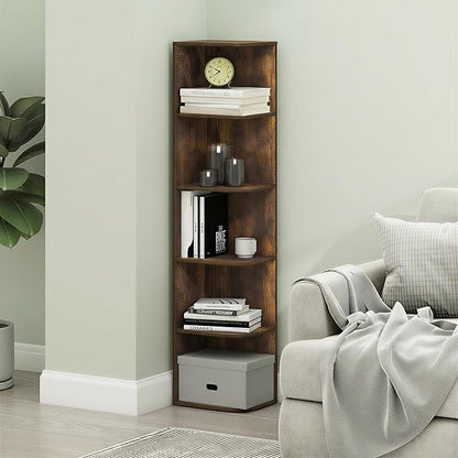 Furinno PASIR Book Shelf, 5-Tier Corner Bookshelf with Open Shelf, Standing Bookcase, 9.3 x 12 x 51.7, for Organization and Storage, for Living Room, Bedroom, Home Office, Amber Pine - Image 4