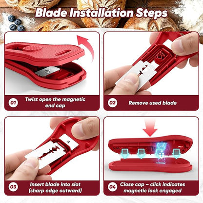 24SHEN Bread Lame, Sourdough Scoring Tool with Extractable & Magnetic, Sour Dough Tools Sourdough Cutter for Homemade Bread Making, Scoring Knife Include 5 Razor Blades-Blue & Red - Image 4
