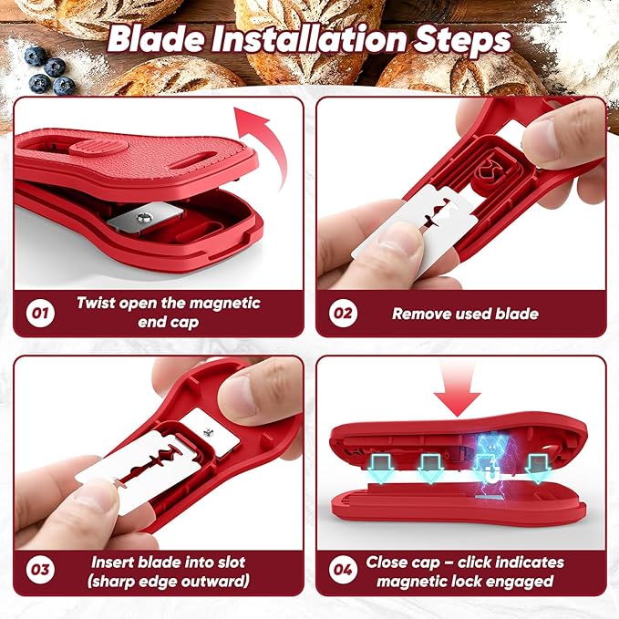 24SHEN Bread Lame, Sourdough Scoring Tool with Extractable & Magnetic, Sour Dough Tools Sourdough Cutter for Homemade Bread Making, Scoring Knife Include 5 Razor Blades-Red - Image 4