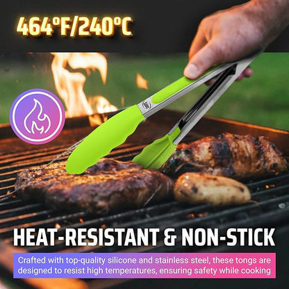 Kaluns Kitchen Tongs for Cooking Grilling Set of 4, BBQ Grill Tongs With Silicone Tip Stainless Steel Heat Resistant, Non-stick Pull Lock, Incl 7, 9, 12 Inch Tong Plus a Silicone Spatula - Image 4