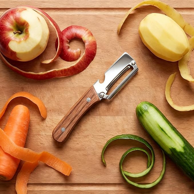 2PCS Multi-Functional Vegetable Peeler for Kitchen with Wooden Handle and Bottle Opener, 2 in 1 Stainless Steel Veggie Peeler Kitchen Gadgets Tool for Fruit Potato Pumpkin Apple Carrot Papaya - Image 2