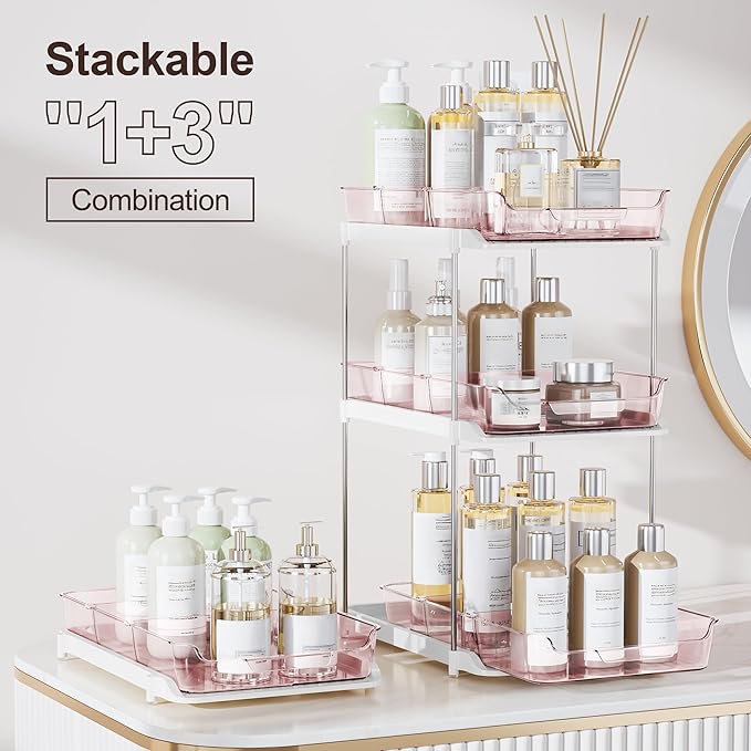 Delamu 2-Tier Multi-Purpose Bathroom Under Sink Organizers and Storage, Stackable Kitchen Pantry Organization, Pull Out Medicine Cabinet Organizer with Movable Dividers, Light Pink, 2 Pack - Image 3