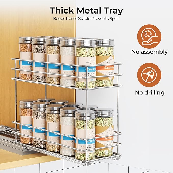 Mystozer Pull Out Spice Rack Organizer for Cabinet, Slide Out Spice Racks, Easy to Install, 4.33" Wx10.43 Dx8.66 H, 1 Drawer 2 Tiers(Silver) - Image 6