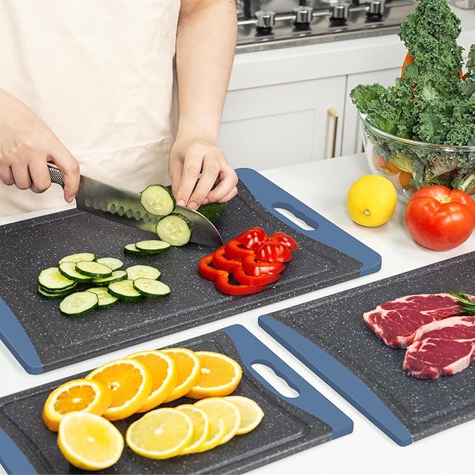 Extra Large Cutting Boards, Plastic Cutting Boards for Kitchen (Set of 3) Cutting Board Set Dishwasher Chopping Board with Juice Grooves Easy-Grip Handles, Prussian Blue, Empune - Image 7