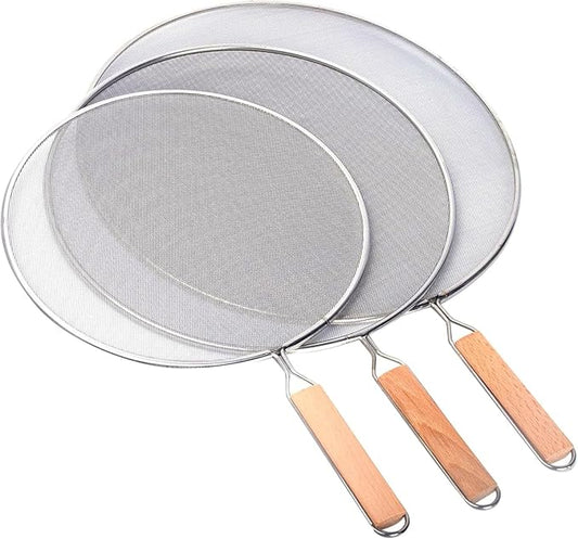 3 Pieces Grease Splatter Screen for Frying Pan, Splatter Guard Mesh Stainless Steel Grease Guard Shield for Kitchen Frying Pan Cooking Supplies Set of 9.44", 10.8" and 12.5" inch (Wood Handle) by YOLOPLUS