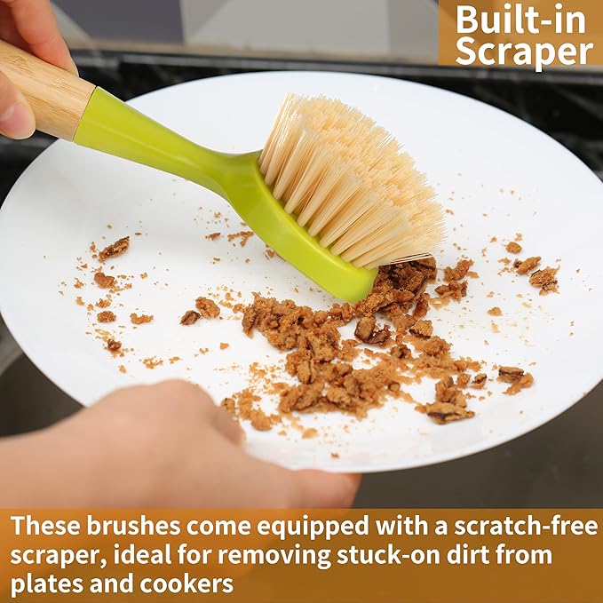 2 Pack Kitchen Dish Brush Bamboo Handle Dish Scrubber Built-in Scraper, Scrub Brush for Pans, Pots, Kitchen Sink Cleaning, Dishwashing and Cleaning Brushes are Perfect Cleaning Tools, Color-Green - Image 5