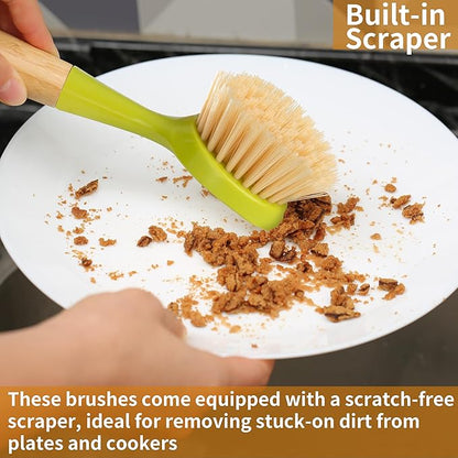 2 Pack Kitchen Dish Brush Bamboo Handle Dish Scrubber Built-in Scraper, Scrub Brush for Pans, Pots, Kitchen Sink Cleaning, Dishwashing and Cleaning Brushes are Perfect Cleaning Tools, Color-Green - Image 5