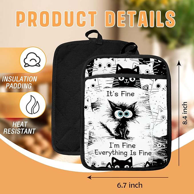 Funny Black Cat Pot Holders with Pockets Set of 2, It's Fine Sarcastic Cat Oven Pot Holders Heat Resistant Oven Mitts Hot Pads for Kitchen Baking Cooking